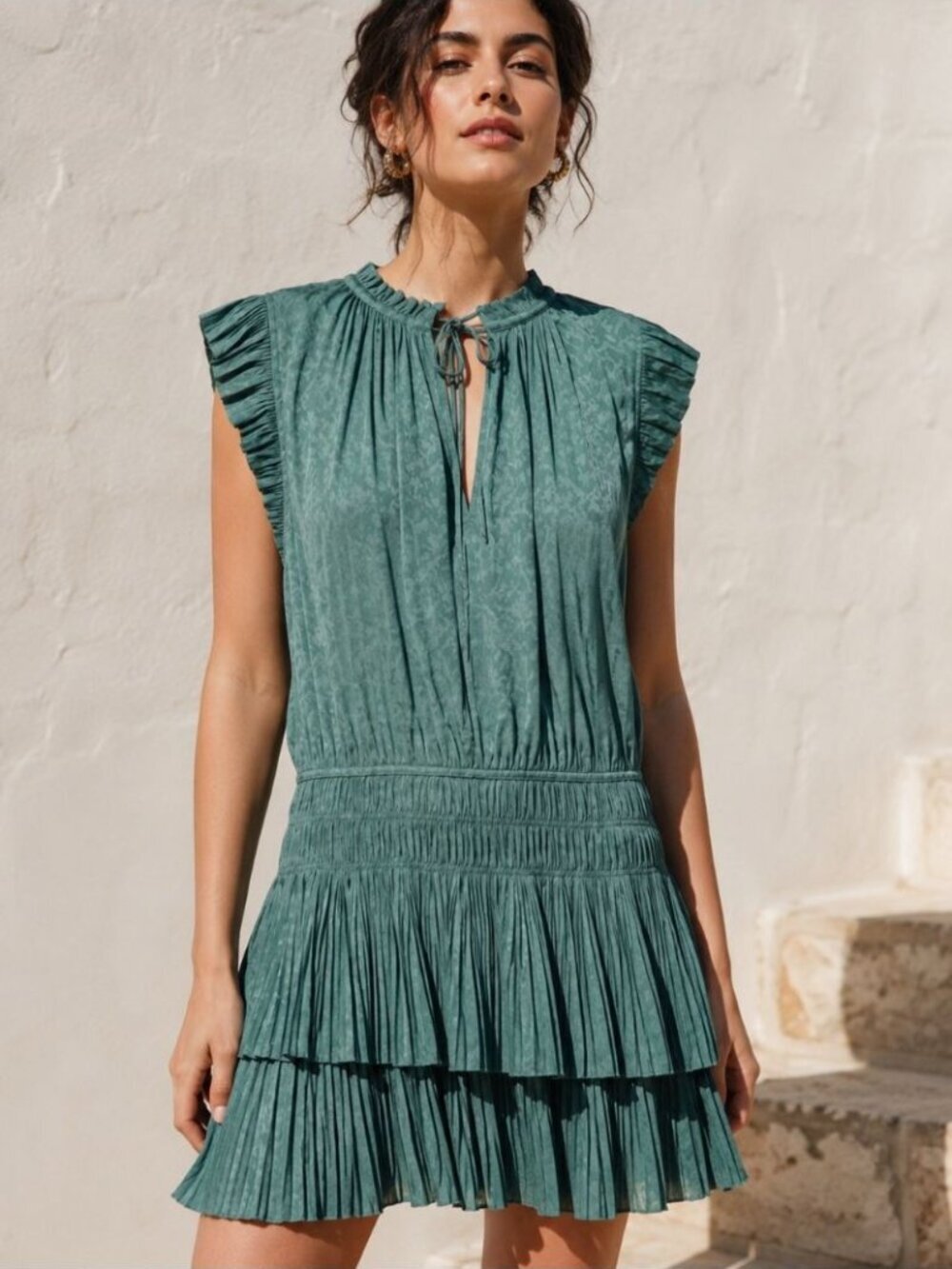 Current Air Green Pleated Mini Dress Small Ruffle Boho Party Wedding Guest